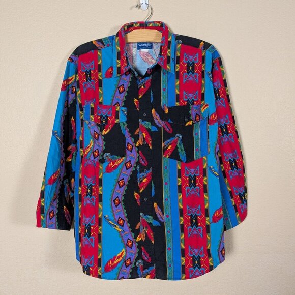 VTG Wrangler Brushpopper Western Button Down Shirt Men's XL Aztec Southwestern - Picture 1 of 9
